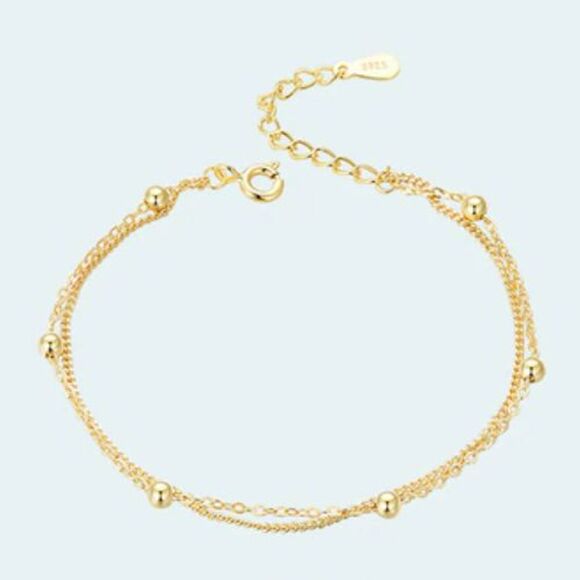 Yellow Gold Sterling Silver Bracelet Plated 3mm 2 Layer Chain 7.5in 925 - Picture 4 of 11